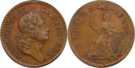 1723 Wood's Hibernia Farthing. Martin 2.1-Bc.4, W-12350. Rarity-4. DEI. GRATIA. REX. MS-61 BN (PCGS).