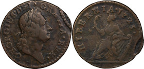 1723 Wood's Hibernia Farthing. Martin 3.2-Bb.1, W-12290. Rarity-3. DEI. GRATIA. REX. Double Struck. VF Details--Environmental Damage (PCGS).