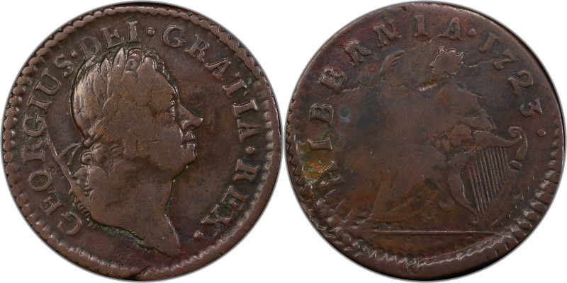 1723 Wood's Hibernia Farthing. Martin 3.15-Bc.7, W-12350. Rarity-6. DEI. GRATIA....