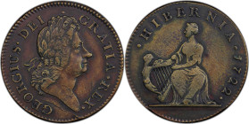 1722 Wood's Hibernia Halfpenny. Martin 3.1-Bb.3, W-12690. Rarity-5. First Type, Harp at Left. AU Details--Environmental Damage (PCGS).