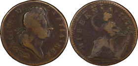 1722 Wood's Hibernia Halfpenny. Martin 3.6-C.4, W-12810. Rarity-7. Second Type, Harp at Right--Double Struck--Fine-12 (PCGS).