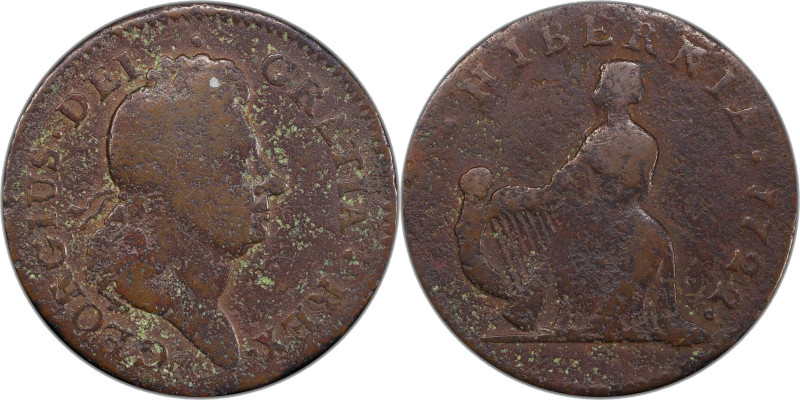 1722 Wood's Hibernia Halfpenny. Martin 4.2-Bb.2, W-12690. Rarity-6. First Type, ...