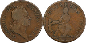 1722 Wood's Hibernia Halfpenny. Martin 4.3-Bc.1, W-12730. Rarity-4. First Type, Harp at Left. Fine-12 (PCGS).