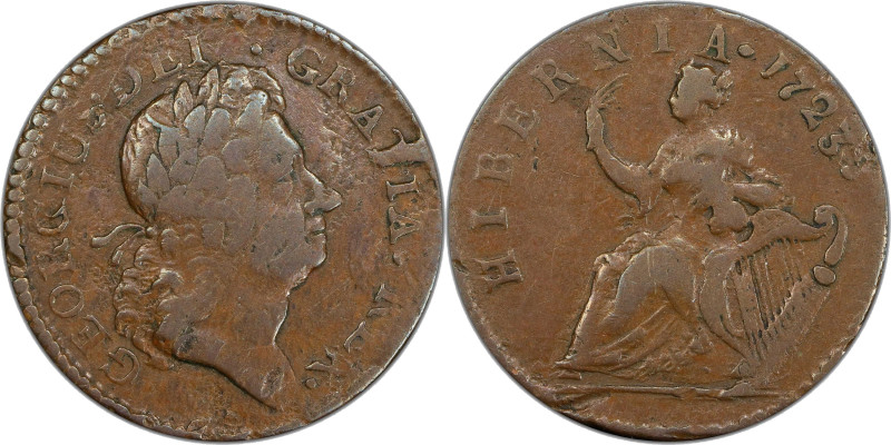 1723 Wood's Hibernia Halfpenny. Martin 4.28-Gc.24, W-13120. Rarity-6. VF Details...