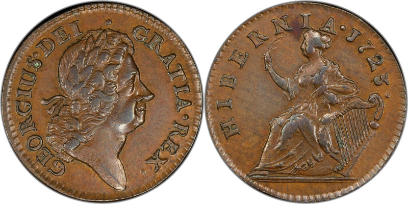 1723 Wood's Hibernia Halfpenny. Martin 4.33-Gb.2, W-13120. Rarity-3. AU-58 (PCGS...