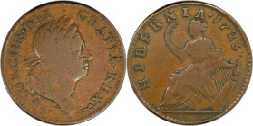 1723 Wood's Hibernia Halfpenny. Martin 4.38-Gc.17, W-13120. Rarity-5. Fine-12 (PCGS).