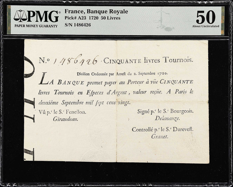 FRANCE. P-A23. 1720 50 Livres. Banque Royale. PMG About Uncirculated 50.

Cinq...