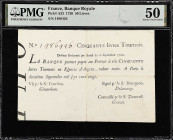 FRANCE. P-A23. 1720 50 Livres. Banque Royale. PMG About Uncirculated 50.

Cinquante Livres Tournois. One of six examples graded by PMG. PMG Pop 1/2 ...