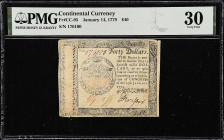 CC-95. Continental Currency. January 14, 1779. $40. PMG Very Fine 30. 

No. 176100. Printed by Hall and Sellers.

Estimate: $250.00- $350.00