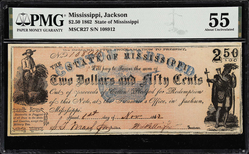 Jackson, Mississippi. State of Mississippi. 1862 $2.50. PMG About Uncirculated 5...