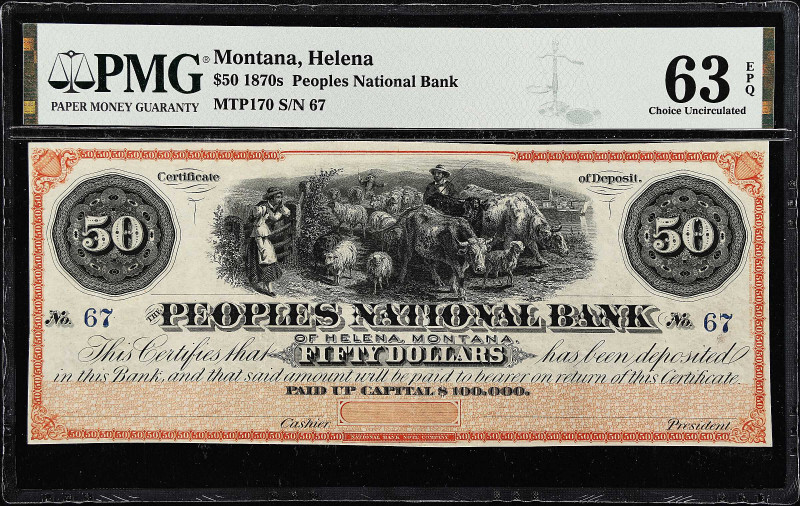 Helena, Montana. Peoples National Bank. 1870s $50. PMG Choice Uncirculated 63 EP...
