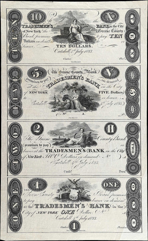 Uncut Sheet of (4). New York, New York. Tradesmen's Bank. 1823 $10-$5-$2-$1. Cho...