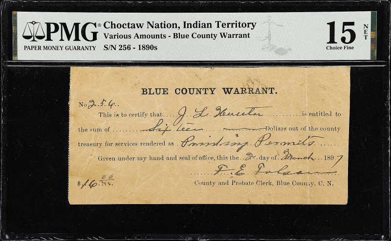 Choctaw Nation, Indian Territory. Blue County Warrant. 1897 $16.06. PMG Choice F...