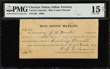 Choctaw Nation, Indian Territory. Blue County Warrant. 1897 $16.06. PMG Choice Fine 15 Net. Severed & Reattached, Tape.

PMG comments "Severed & Rea...
