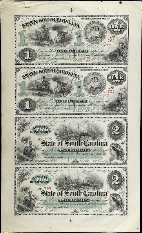 Uncut Sheet of (4). Columbia, South Carolina. State of South Carolina. 1872 $1-$...