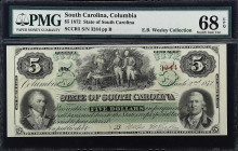 Columbia, South Carolina. State of South Carolina. 1872 $5. PMG Superb Gem Uncirculated 68 EPQ.

No. 3244, Plate B. Lofty Superb Gem $5 from this po...