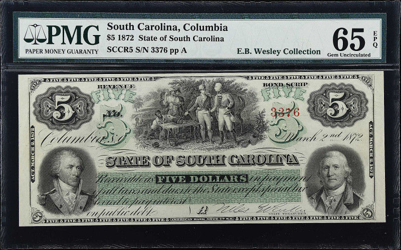 Columbia, South Carolina. State of South Carolina. 1872 $5. PMG Gem Uncirculated...