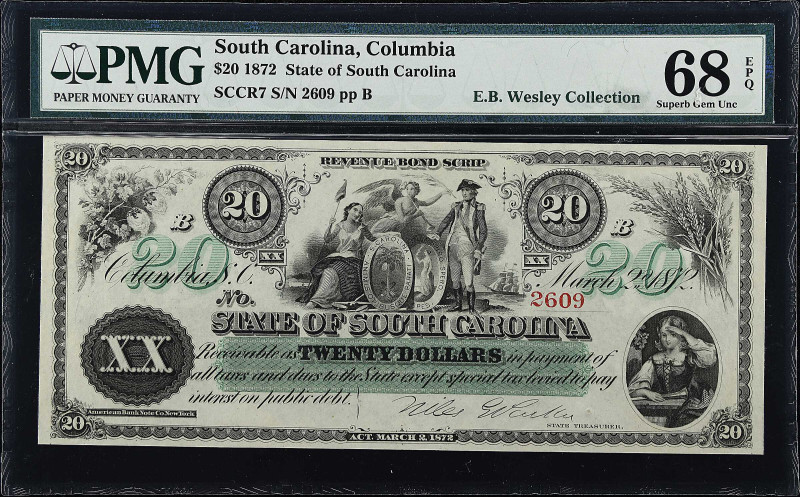 Columbia, South Carolina. State of South Carolina. 1872 $20. PMG Superb Gem Unci...