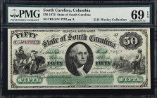Columbia, South Carolina. State of South Carolina. 1872 $50. PMG Superb Gem Uncirculated 69 EPQ.

No. 4722, Plate A. SCCR8. Nearly perfect, and sure...