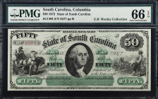 Columbia, South Carolina. State of South Carolina. 1872 $50. PMG Gem Uncirculated 66 EPQ.

No. 2577, Plate B. SCCR8. Gem.

Estimate: $300.00- $500...