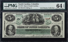 Lot of (4). Columbia, South Carolina. State of South Carolina. 1872 $5 to $50. PMG Choice Uncirculated 64 EPQ.

A set of nearly Gem notes from this ...
