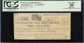 Alexandria, Virginia. Manassas Gap Rail Road Company. 1861 $2. PCGS Currency Very Fine 30 Apparent. UL Corner Replaced; Minor Stains.

PCGS Currency...