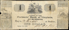 Richmond, Virginia. Farmers' Bank of Virginia. 1837 $1. Fine. Spurious.

A spurious note from this Virginia issuer. Without imprint or serial number...