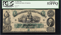 T-6. Confederate Currency. 1861 $50. PCGS Currency About New 53 PPQ. 

No. 5228, Plate B. A key Confederate type in this About New grade level, with...