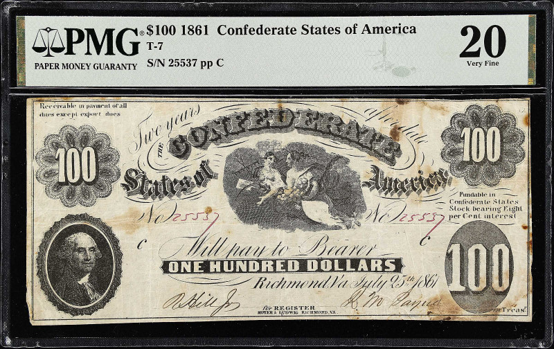 T-7. Confederate Currency. 1861 $100. PMG Very Fine 20. 

No. 25537, Plate C. ...