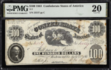 T-7. Confederate Currency. 1861 $100. PMG Very Fine 20. 

No. 25537, Plate C. Imprint of Hoyer and Ludwig Richmond, VA. Printed for Register and for...