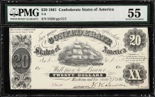 T-9. Confederate Currency. 1861 $20. PMG About Uncirculated 55. 

No. 54256, Plate CCC. Attractive penned signatures and dark designs.

Estimate: ...