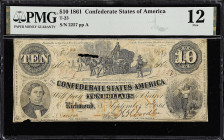 T-23. Confederate Currency. 1861 $10. PMG Fine 12. 

No. 2257, Plate A. PMG comments "Pieces Missing".

Estimate: $400.00- $600.00