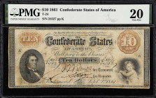 T-24. Confederate Currency. 1861 $10. PMG Very Fine 20. 

No. 24527, Plate K. PMG comments "Previously Mounted".

Estimate: $200.00- $300.00