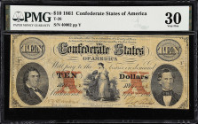 T-26. Confederate Currency. 1861 $10. PMG Very Fine 30. 

No. 40002, Plate Y. PMG comments "Previously Mounted".

Estimate: $150.00- $200.00