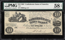 T-28. Confederate Currency. 1861 $10. PMG Choice About Uncirculated 58 EPQ. 

No. 109609, Plate A11.

Estimate: $300.00- $500.00