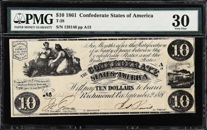 T-28. Confederate Currency. 1861 $10. PMG Very Fine 30. 

No. 128146, Plate A1...