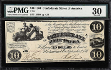 T-28. Confederate Currency. 1861 $10. PMG Very Fine 30. 

No. 128146, Plate A13.

Estimate: $100.00- $150.00