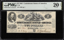 T-38. Confederate Currency. 1861 $2. PMG Very Fine 20 Net. Repaired.

No. 1062, Plate 1. Imprint of Blanton Duncan, Columbia, SC. South Striking Dow...