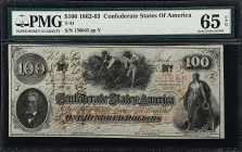 T-41. Confederate Currency. 1863 $100. PMG Gem Uncirculated 65 EPQ. 

No. 156045, Plate Y. Gem. Issued May 9th, 1863 by A.B. Ragan.

Estimate: $50...