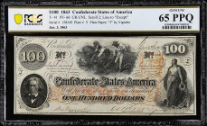 T-41. Confederate Currency. 1863 $100. PCGS Banknote Gem Uncirculated 65 PPQ. 

No. 158549, Plate Y. Plain paper. "T" by vignette. Scroll 2; Line to...