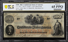 T-41. Confederate Currency. 1862 $100. PCGS Banknote Gem Uncirculated 65 PPQ. 

No. 56836, Plate X. Scroll 1; Line Under Except. Watermark block CSA...