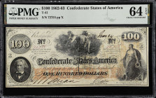 T-41. Confederate Currency. 1862 $100. PMG Choice Uncirculated 64 EPQ. 

No. 72755, Plate X.

Estimate: $300.00- $500.00