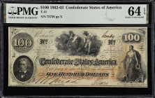 T-41. Confederate Currency. 1862 $100. PMG Choice Uncirculated 64 EPQ. 

No. 72726, Plate X. Nearly Gem.

Estimate: $300.00- $500.00