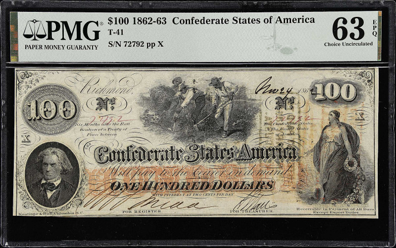 T-41. Confederate Currency. 1862 $100. PMG Choice Uncirculated 63 EPQ. 

No. 7...