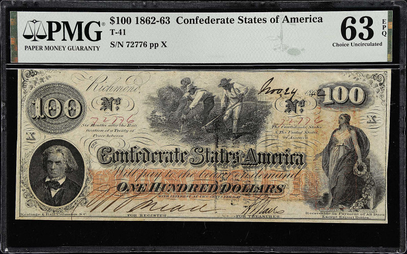 T-41. Confederate Currency. 1862 $100. PMG Choice Uncirculated 63 EPQ. 

No. 7...