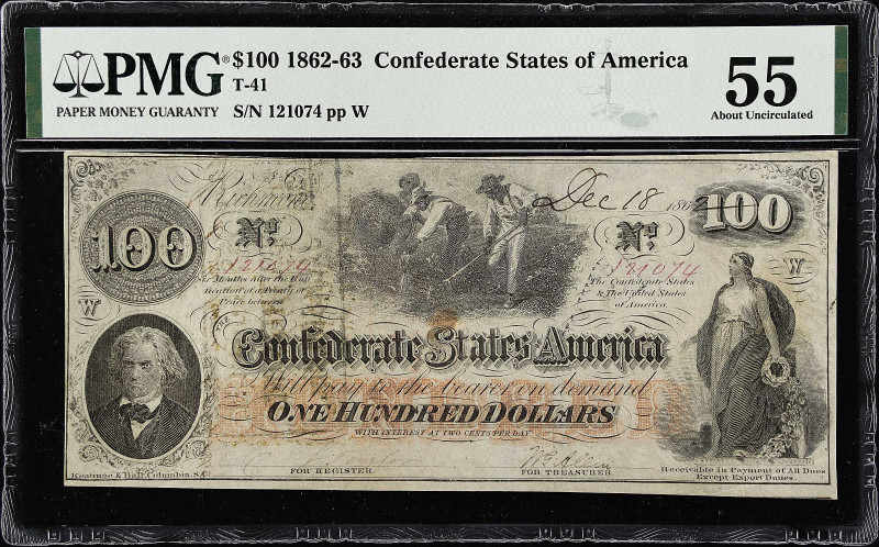 T-41. Confederate Currency. 1862 $100. PMG About Uncirculated 55. 

PMG commen...