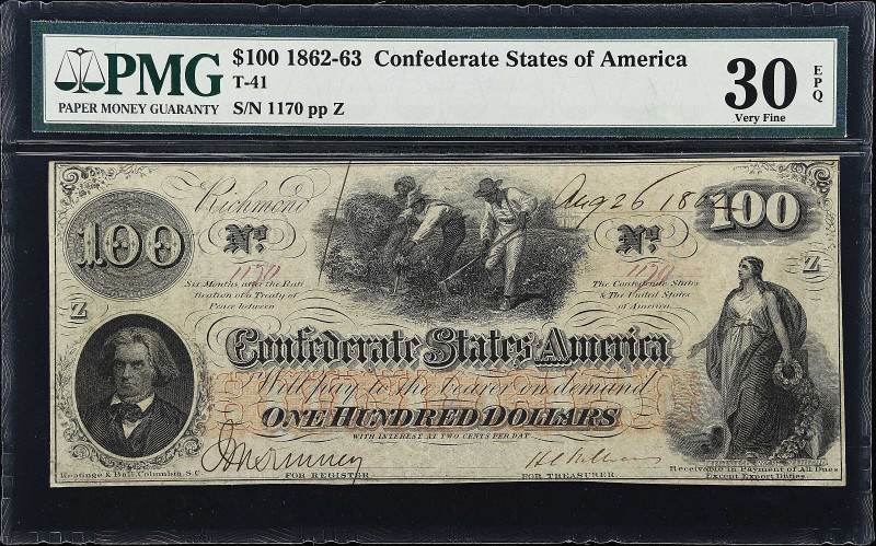 T-41. Confederate Currency. 1862 $100. PMG Very Fine 30 EPQ. 

No. 1170, Plate...