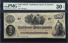 T-41. Confederate Currency. 1862 $100. PMG Very Fine 30 EPQ. 

No. 1170, Plate Z. An incredibly rare variety with the fully handwritten date of Aug ...