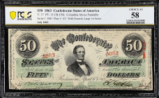 T-57. Confederate Currency. 1863 $50. PCGS Banknote Choice About Uncirculated 58. 

July 1863. PMG comments "Minor Paper Toned".

Estimate: $250.0...