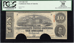 T-59. Confederate Currency. 1863 $10. PCGS Currency Very Fine 30 Apparent. Cut Out Cancelled, Minor Mounting Remnants on Back.

PCGS Currency commen...